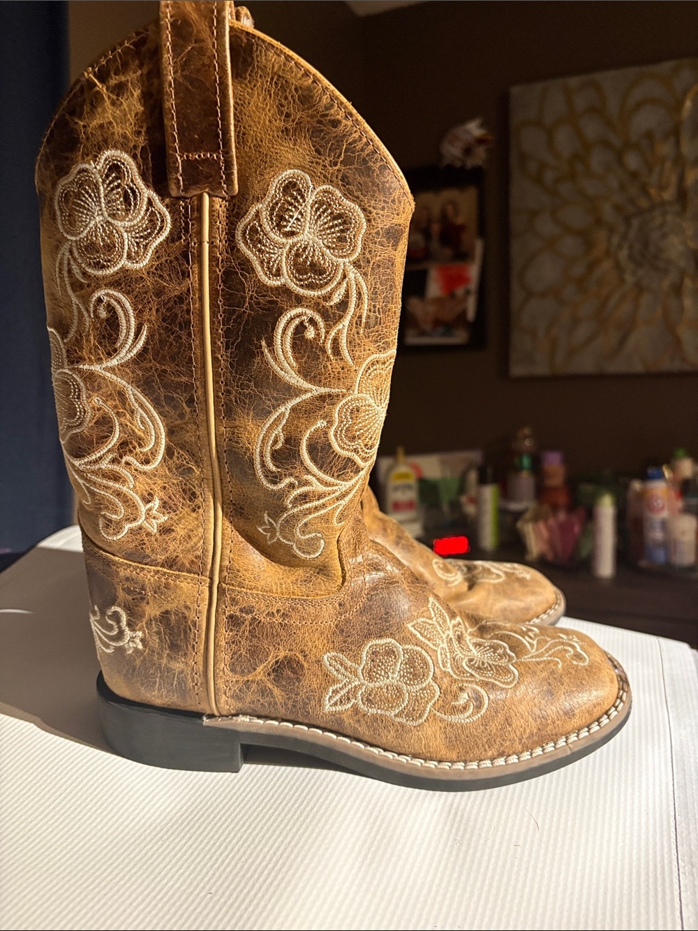 Bos. & Co. Tan Brown Embroidered Kids Western Cowboy Boots